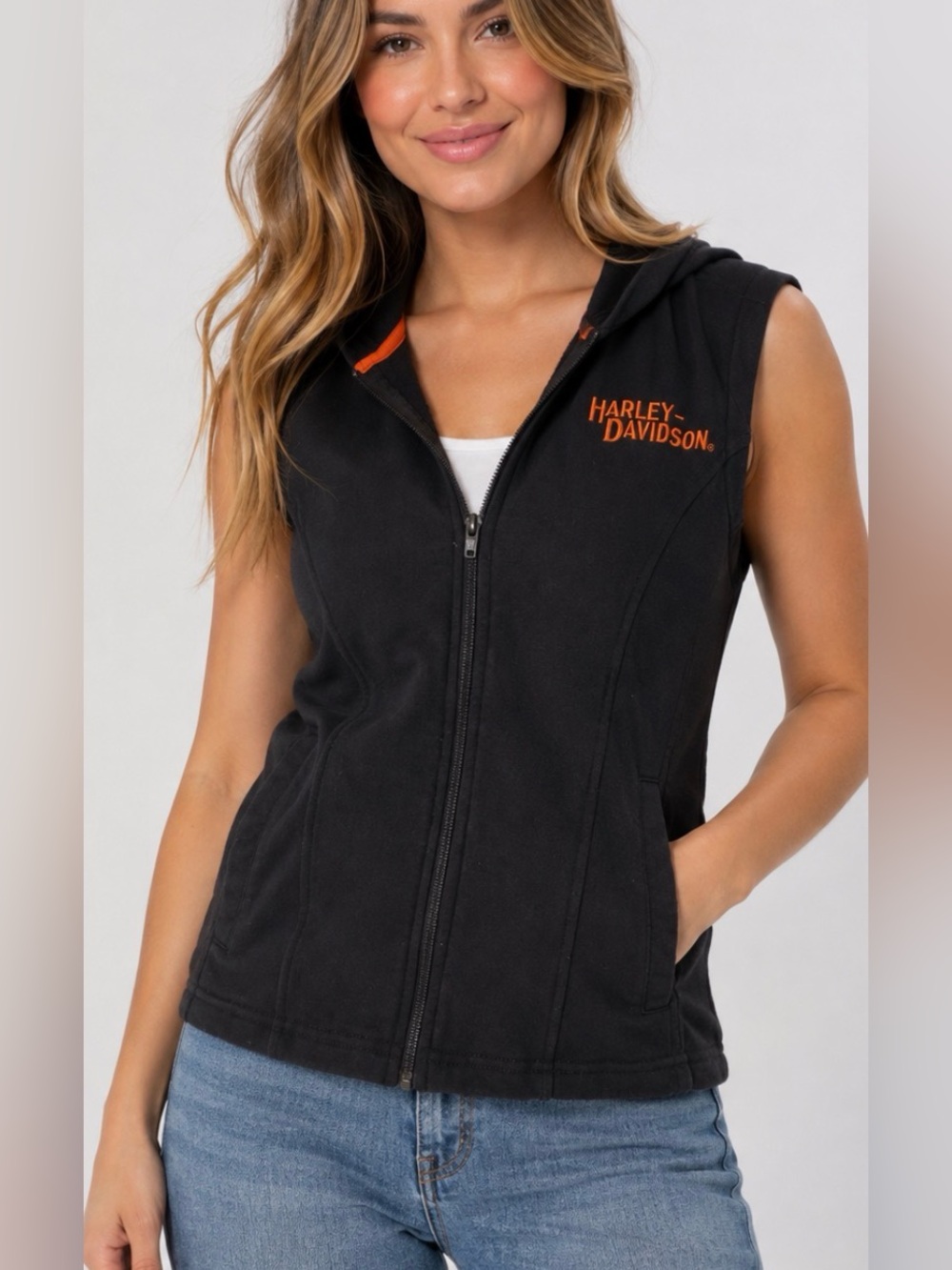 Harley-Davidson Women’s Blk Hooded Soft Vest Zip Front Sleeveless Jacket Size M